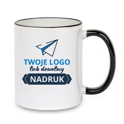 Kubek z czarnym rantem i uszkiem – z nadrukiem